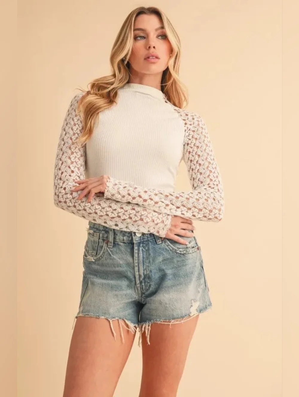Free People Clemente Top Mock Neck Lace Long Sleeve M Cream